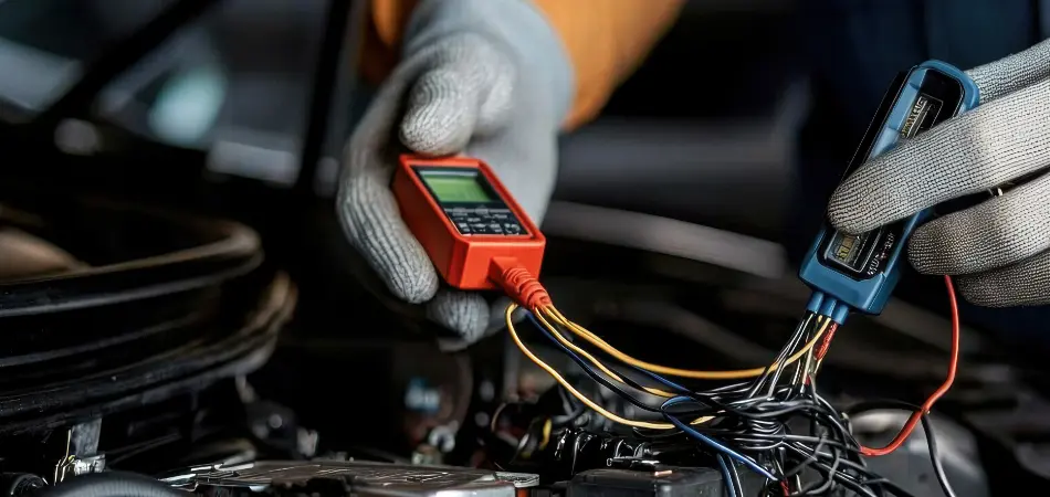 A mechanic checks a battery