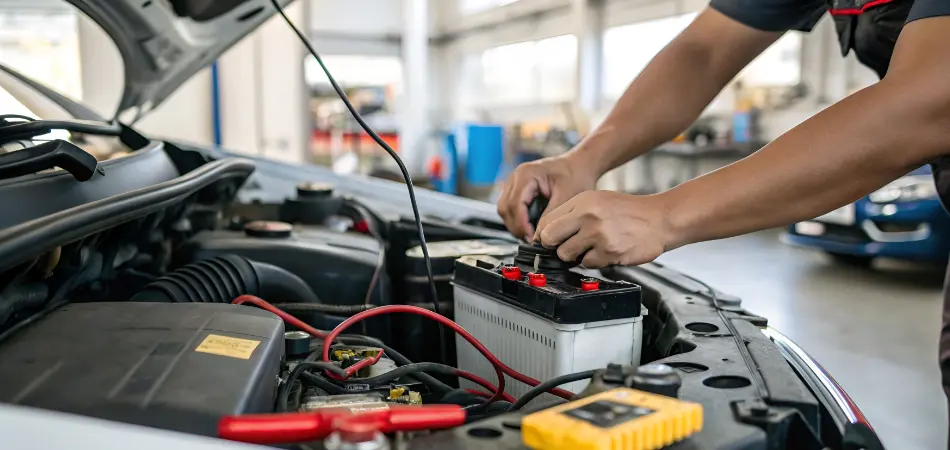 Mechanic working on a car battery