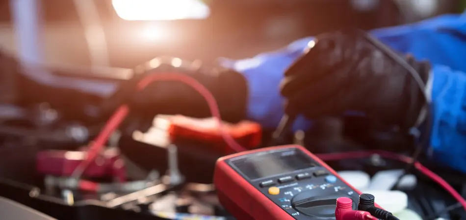 A technician checks a car battery