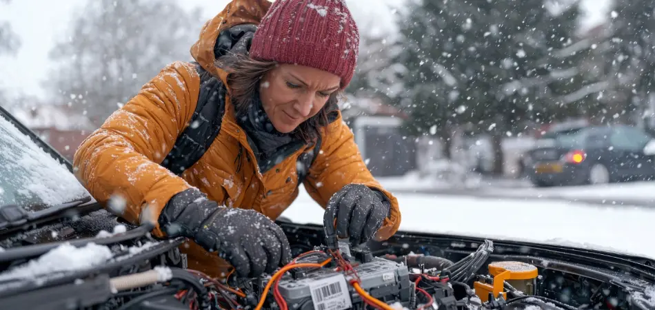 A woman in the cold examines her car battery