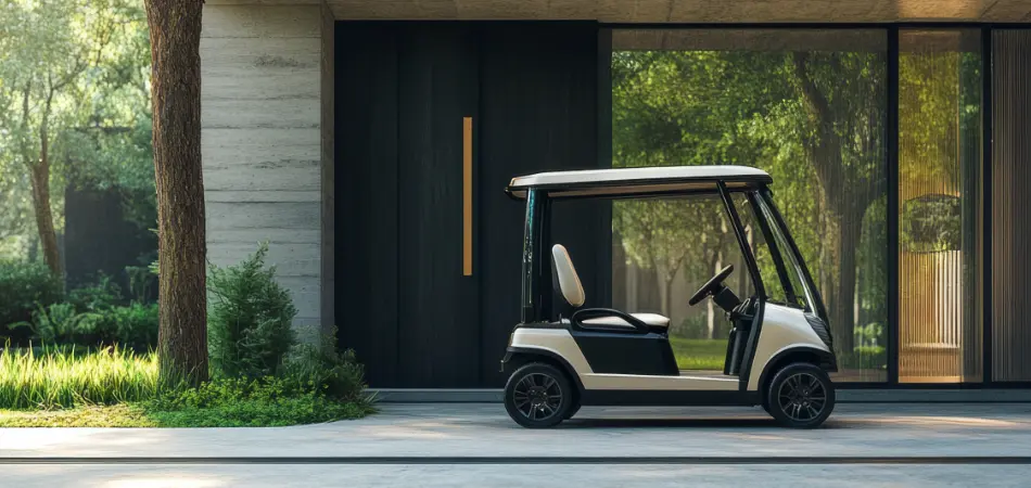 A golf cart parked outside a modern home