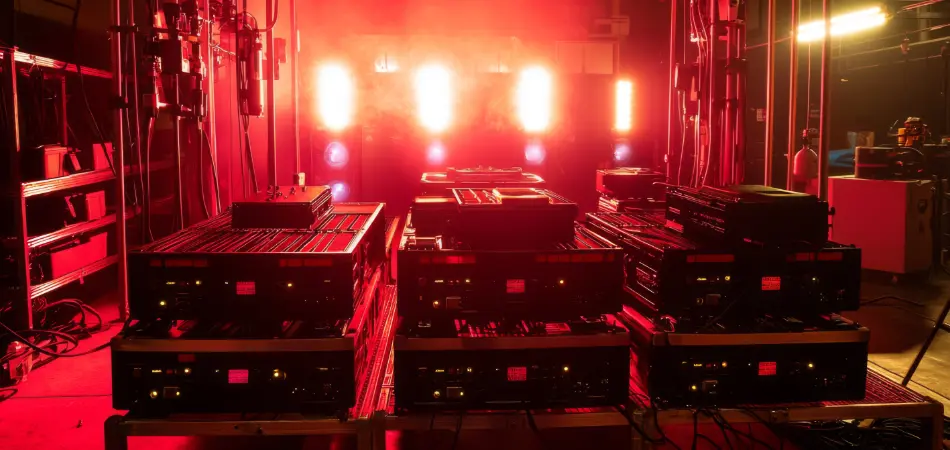 Black electronic equipment sits on shelves