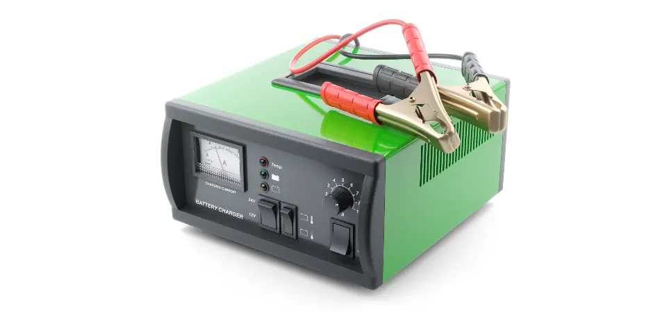 A green car battery charger